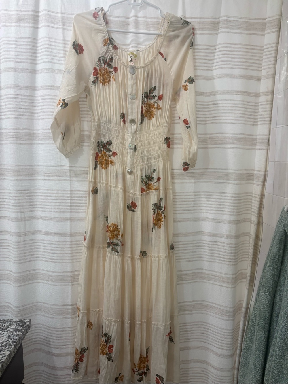 fig and flower Cream Floral Tiered Maxi Dress with Yellow & Red Blooms